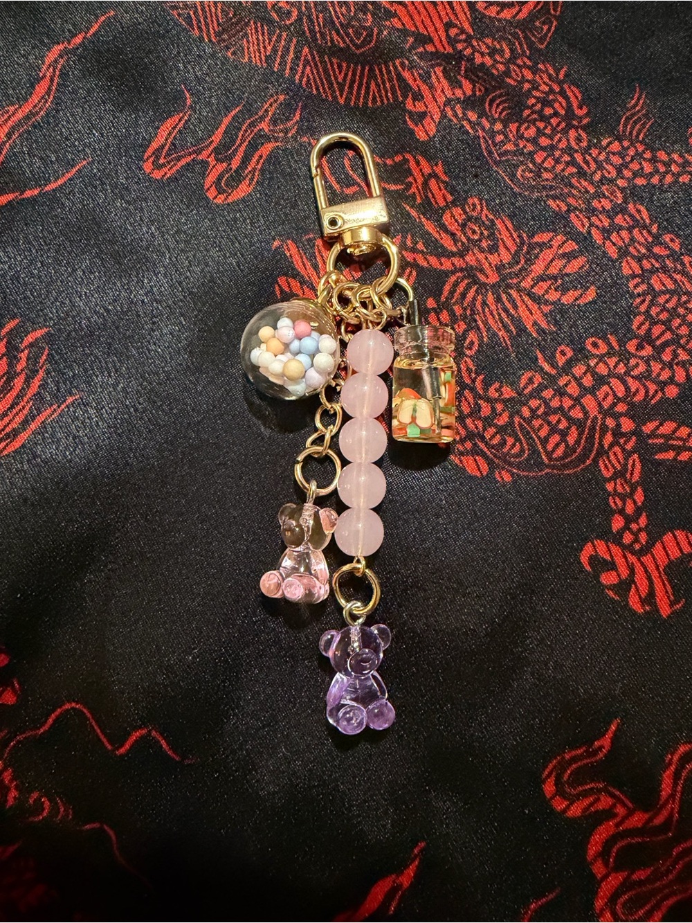 Gold-tone Keychain Charm with Pink Beads & Multicolor Accents